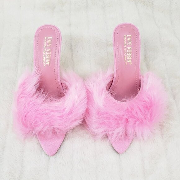 Furry Pointy Toe Slip On Gold Tone Slim Heels Pink Fuji - Picture 12 of 14
